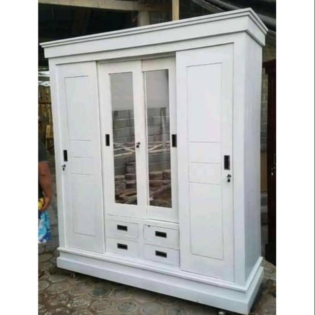 Lemari pakaian kayu jati 4 pintu sleding terbaru termurah