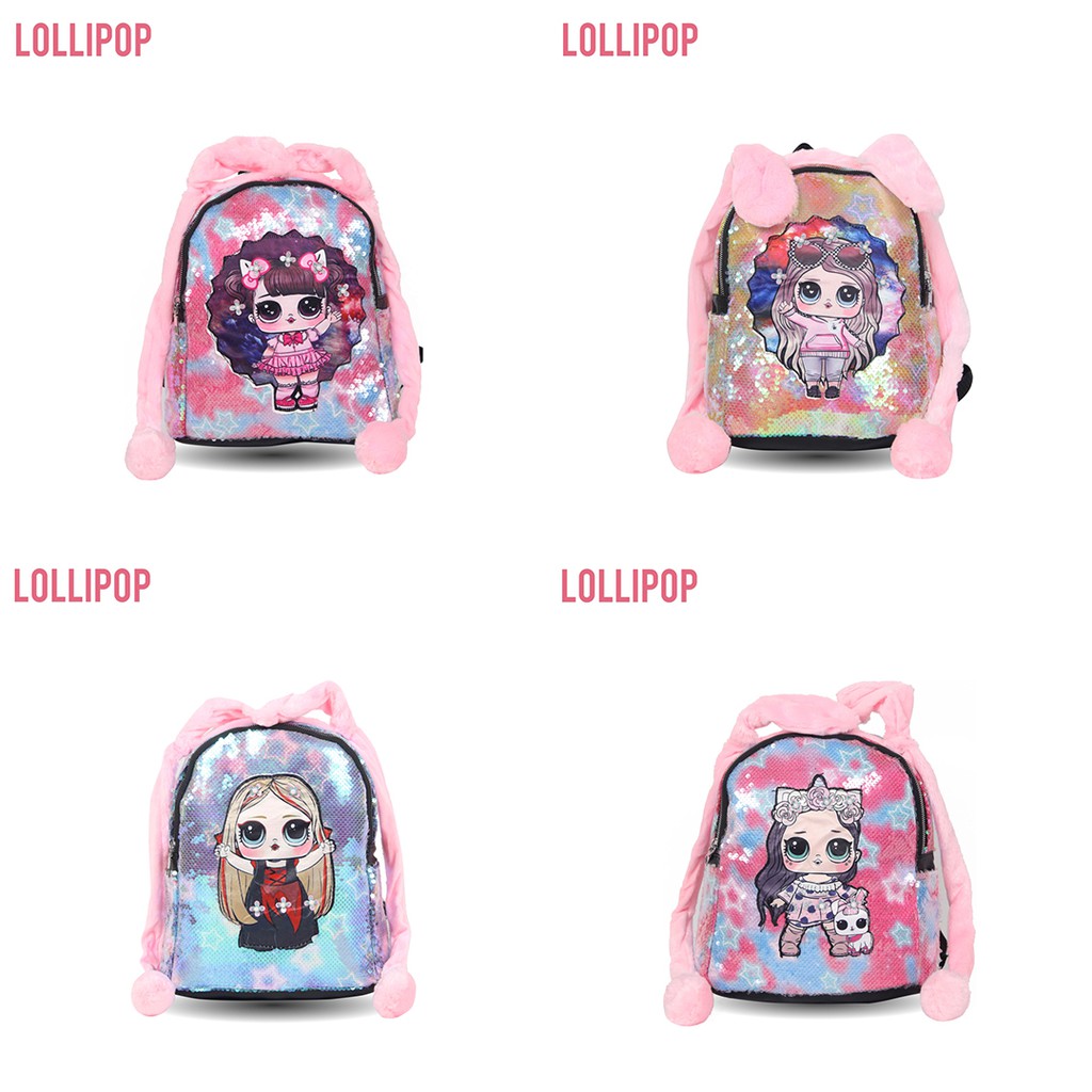 [KLIKTAS] Tas Ransel anak LOL Bunny Head 12517 / SEQUIN Lampu Manik Usap Kuping Gerak