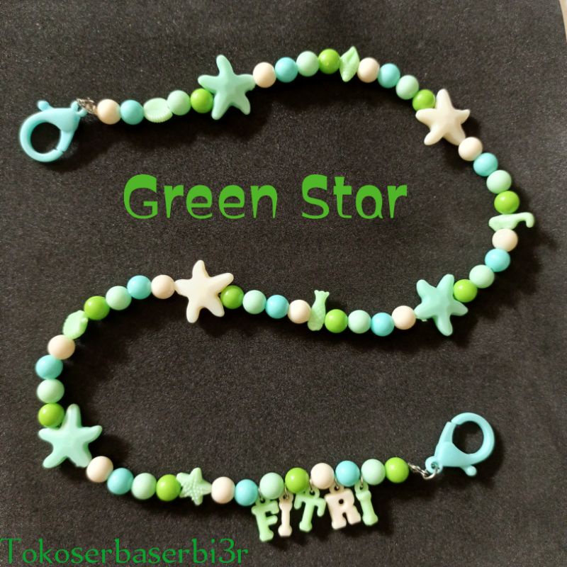 Kalung masker anak tema green star /strap masker anak bisa request nama/warna/tema