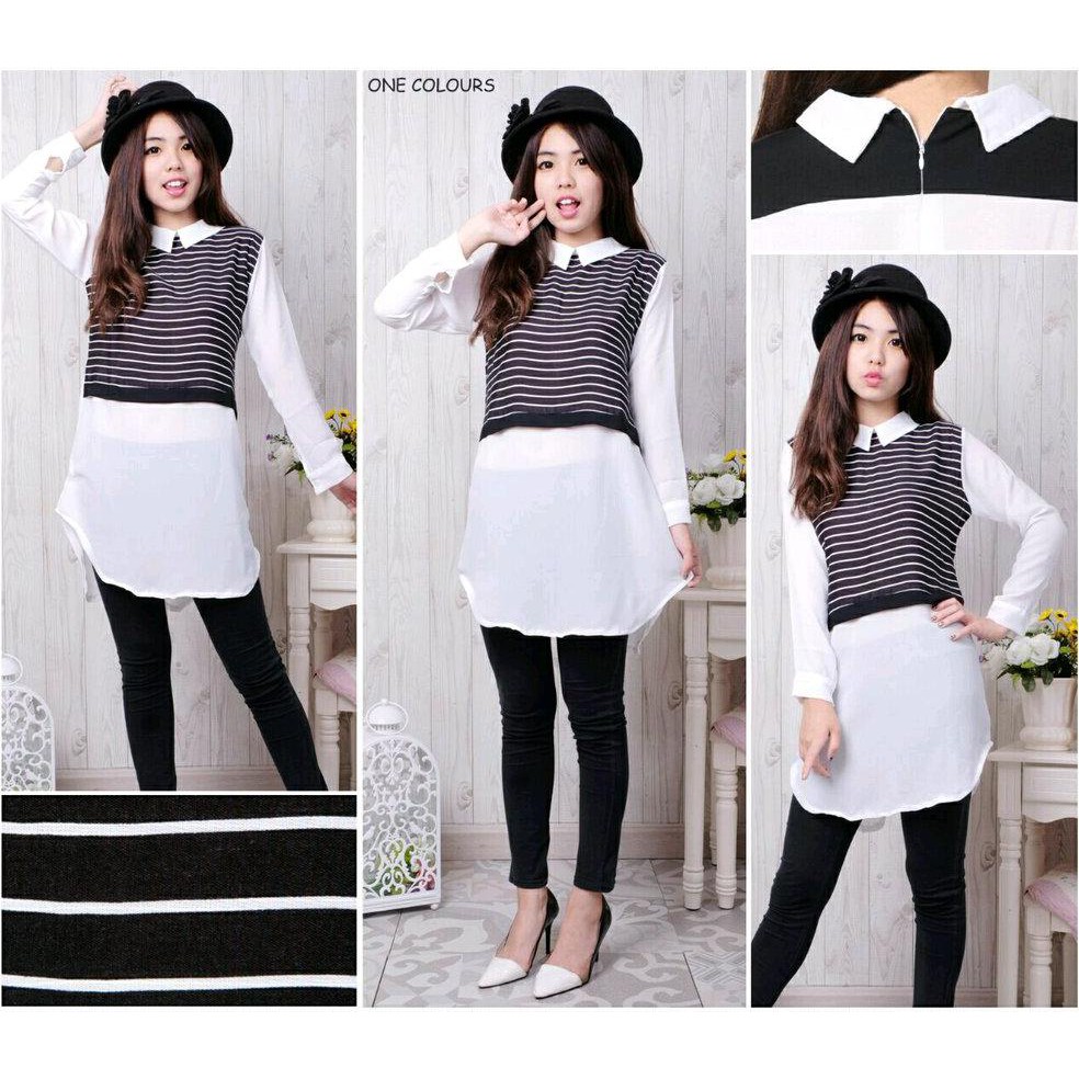 A3 YC MASAMI LONG BLOUSE KEMEJA HEM PUTIH SIMPLE ELEGAN STRIPE GARIS SALUR  PASANGAN PRIA WANITA CP