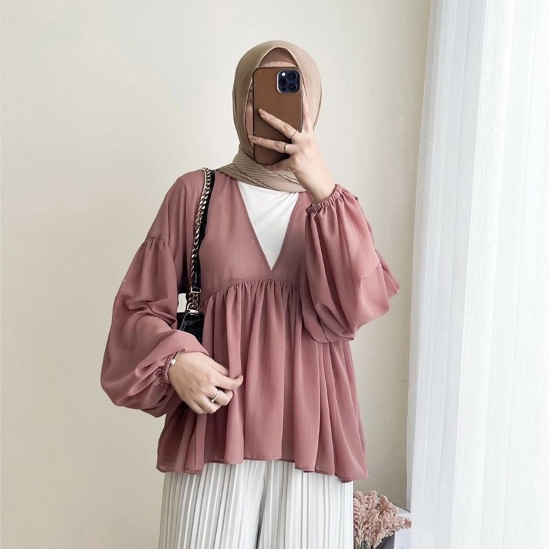 BLOUSE CHIFFON WANITA LENGAN BALON ATASAN SIFON TRANSPARAN DEVIKA BLOUSE