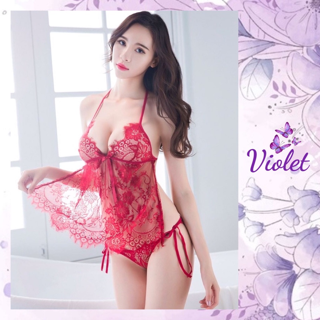 Violet Lingerie Set Baju Tidur +  Celana Dalam Seksi Motif Bunga Renda Transparan Eksotis 1041