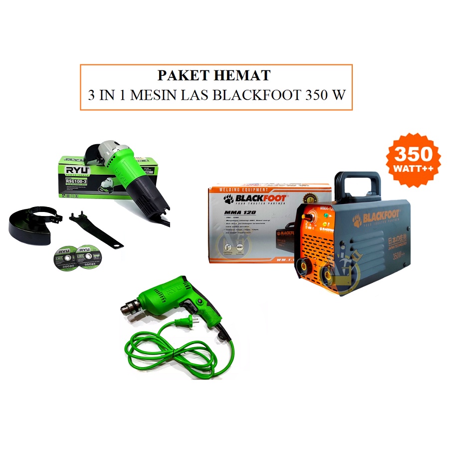 PAKET Hemat 3 ITEM Mesin Travo Las Listrik RII 120-2 450 watt Mesin Las 450 Watt RYU 120a Trafo Travo Las + Mesin Gerinda 4 inch RSG 100-3 + Bor Ryu 10 mm RDR 10-3 RE MURAH ORIGINAL BERGARANSI