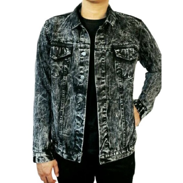 Jaket Jeans Sandwash Stone Black Pria/Cowok Tebal Premium Berkualitas!