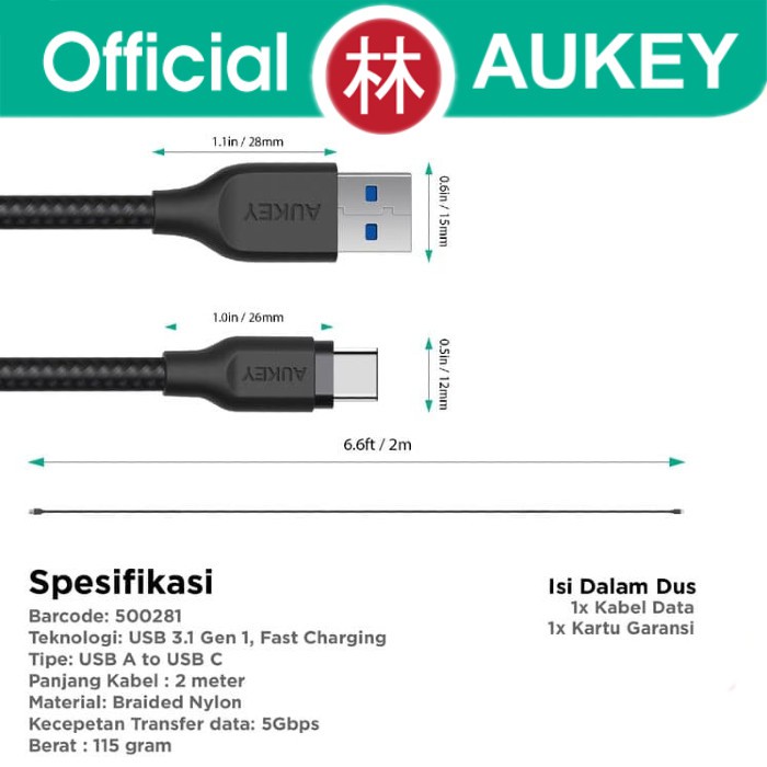 Aukey CB-AC2 Braided Nylon Data Cable USB 3.1 Gen 1 To Type-C 2m