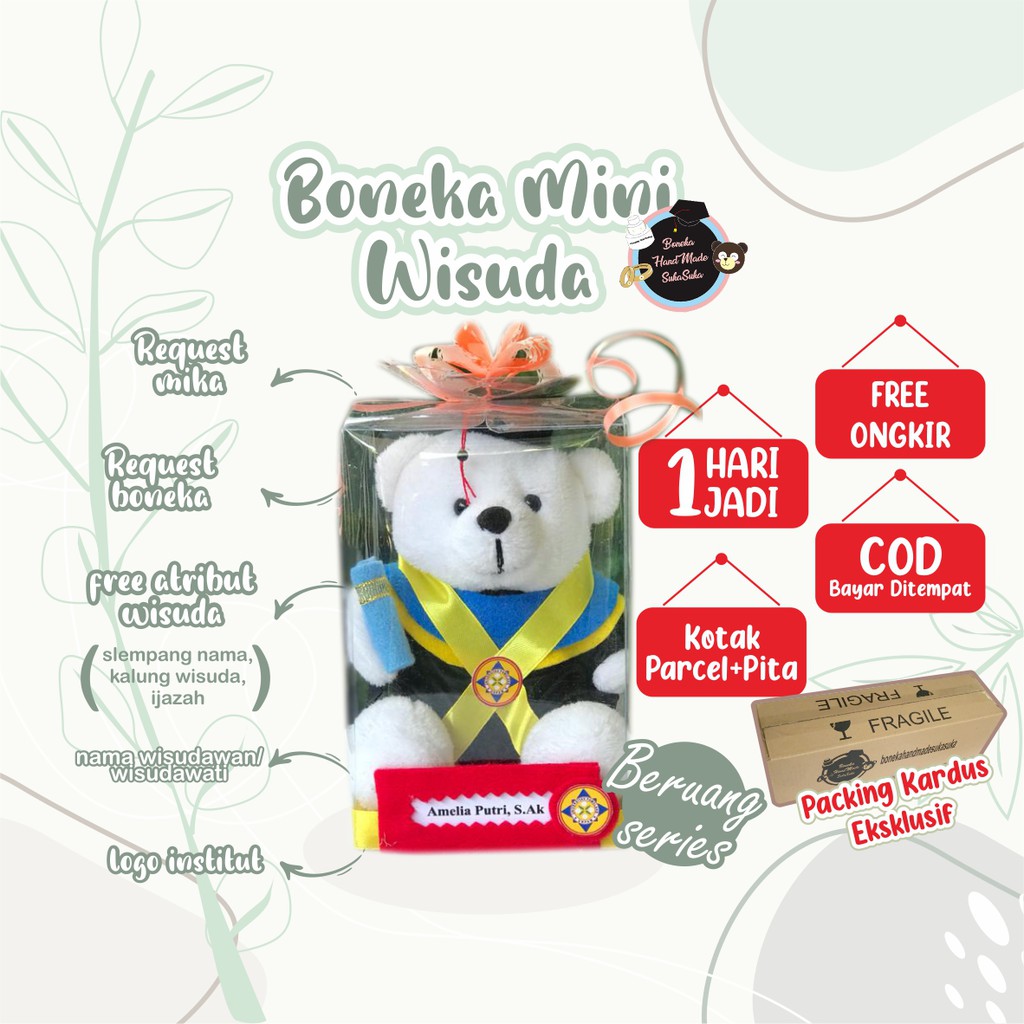 Boneka Wisuda Mini uk. 15 cm Box Mika Murah Custom Hadiah Teddy Bear