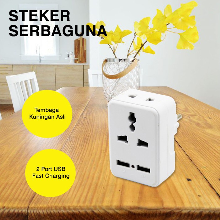 HK-Steker T Serbaguna 2 Lubang + 2 Port USB / Steker Usb