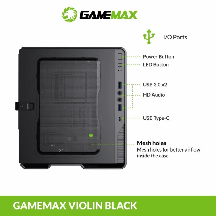 Gamemax Violin Black Ultra Slim Mini-ITX PC Case with LED Rainbow