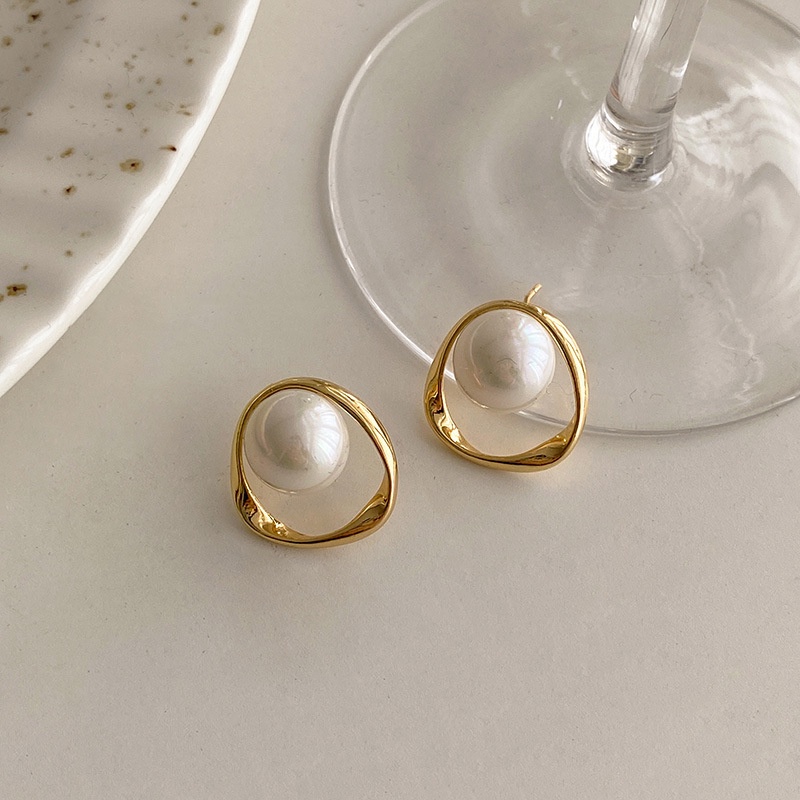 Anting Stud Desain Geometri Aksen Mutiara Gaya Korea Untuk Wanita