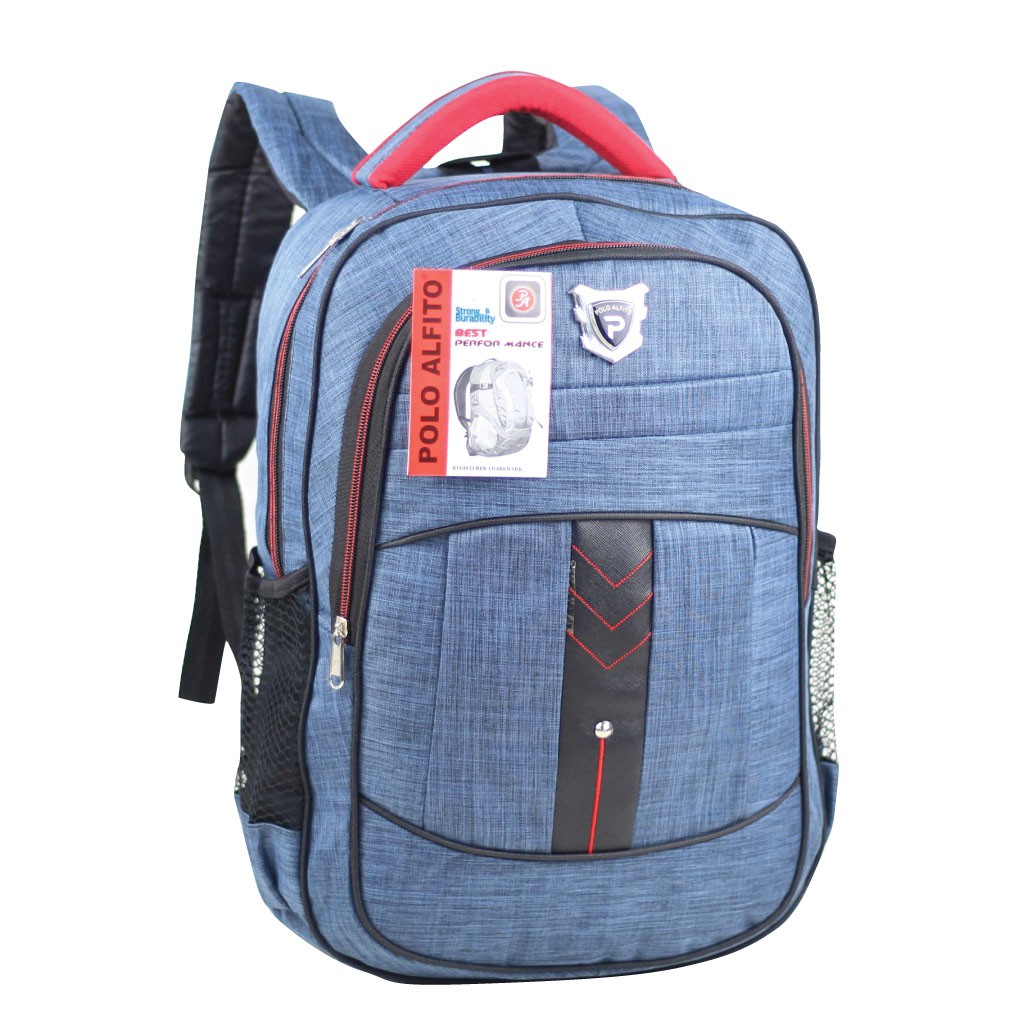 Tas Sekolah Remaja SMP SMA Free Rain Cover POLO ALFITO BIRU MERAH Ransel Gendong Pria TERLARIS