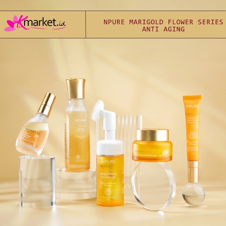 NPURE Marigold Flower Series | Cleansing Petal Toner | Deep Cleanse Face Wash | Elixir Thriphase Serum | Memory Bounce Moisturizer