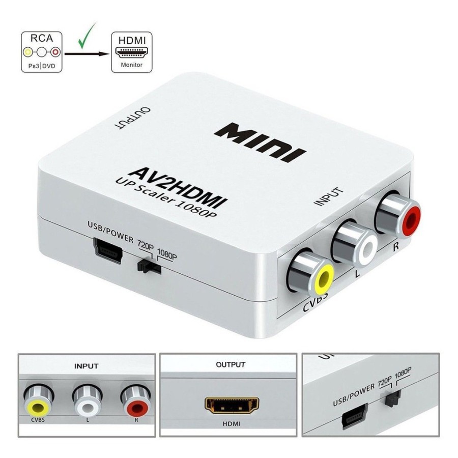 AV (RCA) TO HDTV Converter Adapter Mini Box/ RCA To HDmi (M)