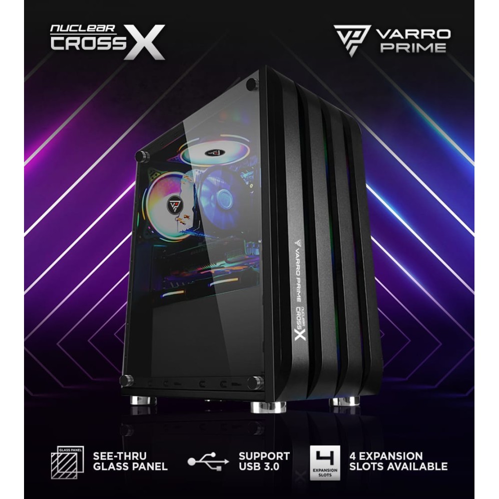 Casing komputer gaming Varro Prime micro atx tempered glass free 3 fan 120mm rainbow Nuclear Cross-X - Pc case