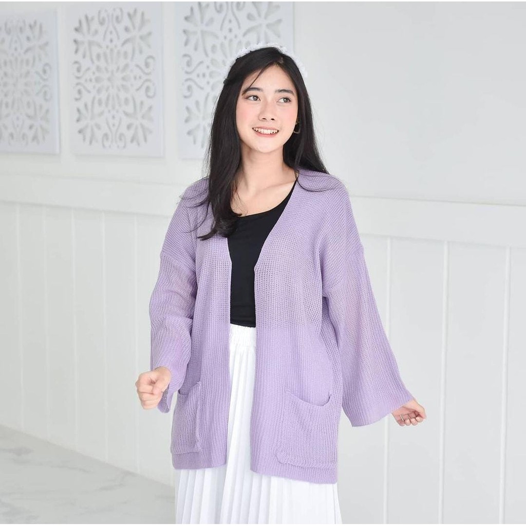 PREMIUM LOOCY POCKET CARDIE / KARDIGAN RAJUT SAKU POLOS locy Oversized cardy-ungu muda