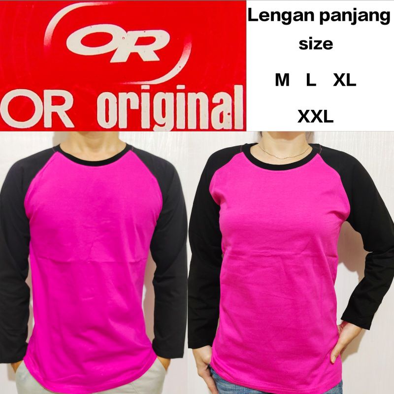 Kaos raglan polos pria wanita couple pink lengan hitam Panjang