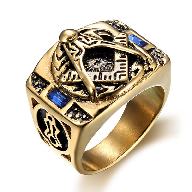 Cincin Emas Masonic Retro Hias Batu Permata Biru Untuk Pria