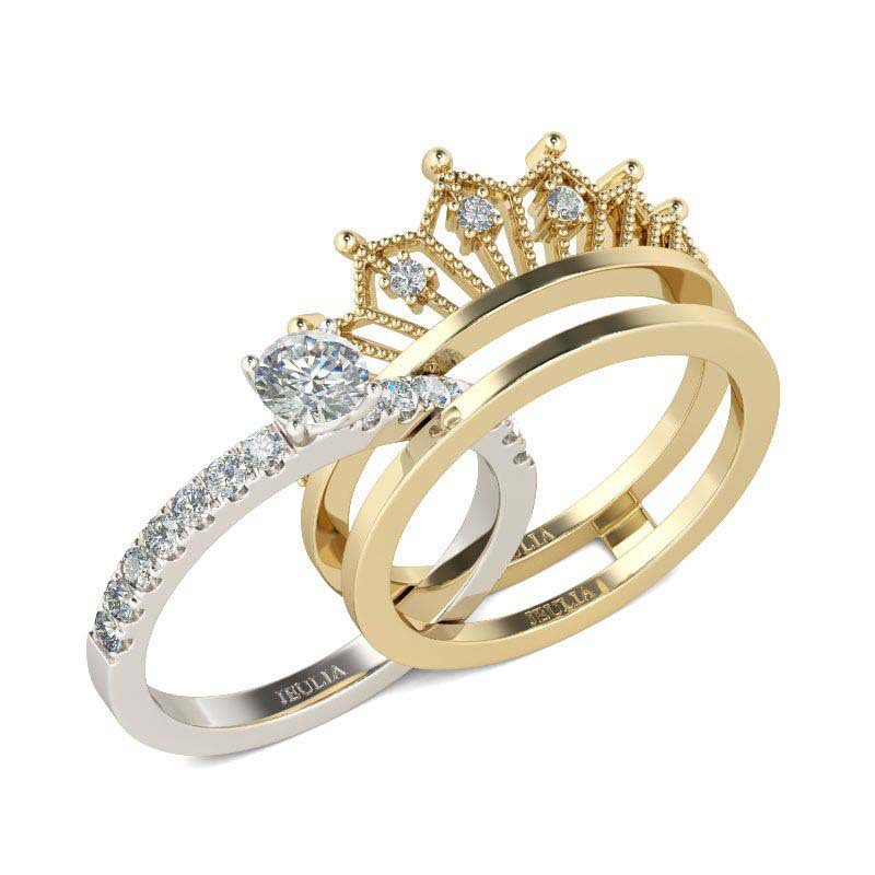 2pcs / Set Cincin Kawin / Tunangan Desain Mahkota Ratu Hias Cubic Zirconia Untuk Wanita