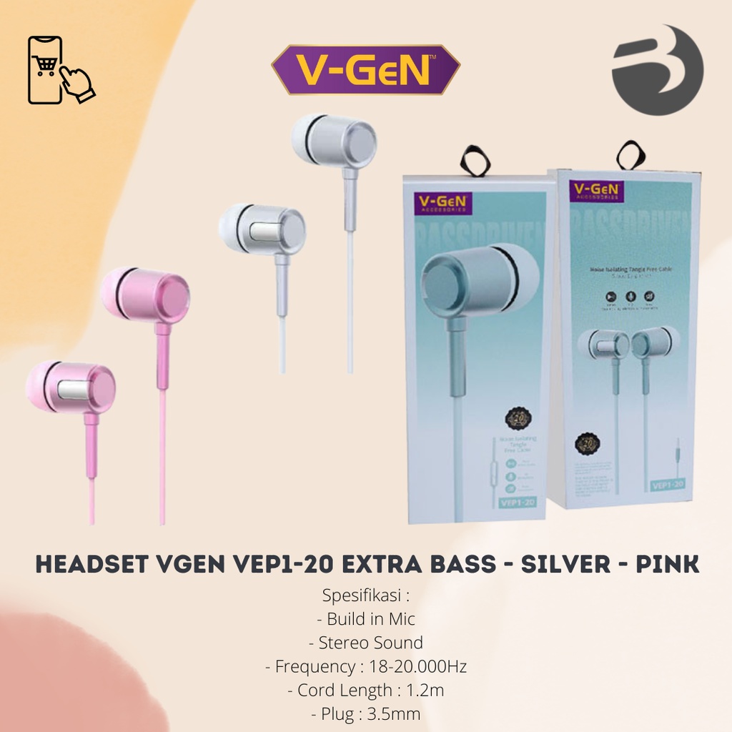 HEADSET VGEN VEP1-20 extra bass - Silver - Pink