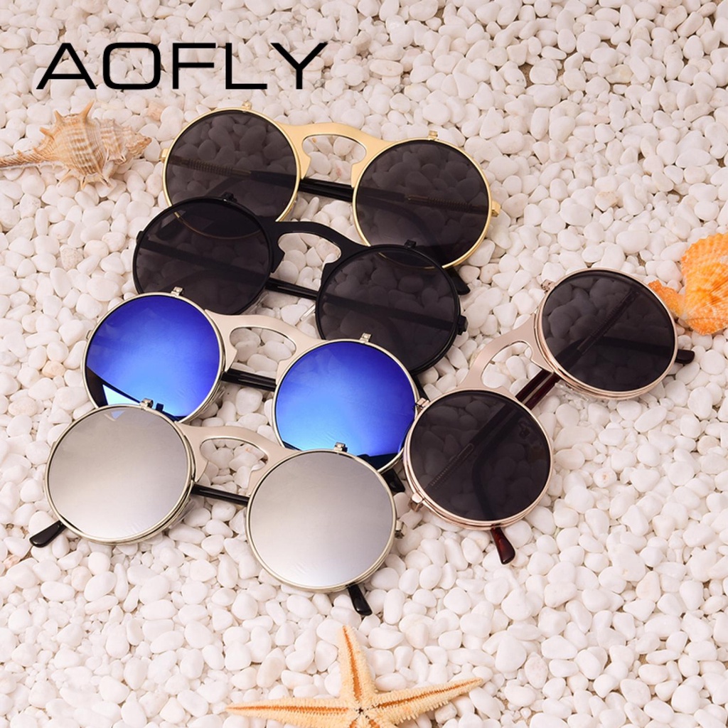 AOFLY Kacamata Hitam Round Vintage Steampunk Sunglasses