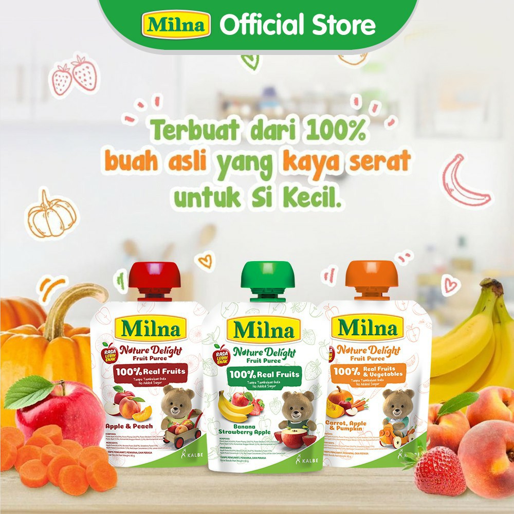 Milna Nature Delight Apple Peach 80gr Pure Buah Cemilan Bayi Makanan Anak MPASI