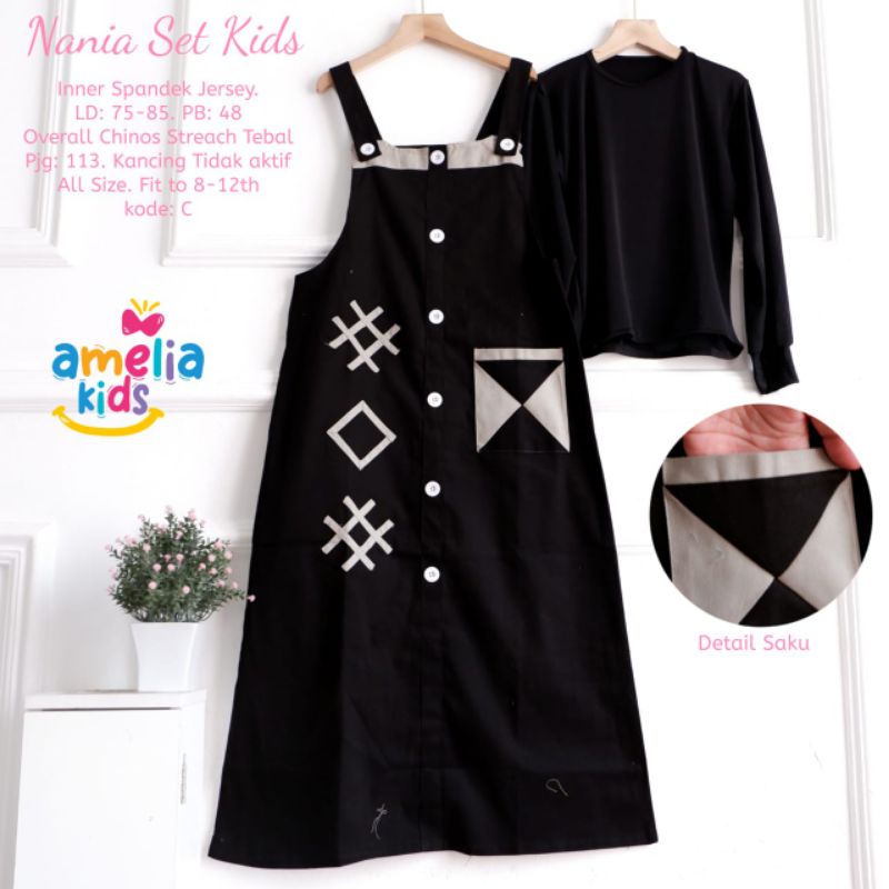 [Siap kirim] 100% ORI Nania Set Teen Kids Overall Anak by Amelia Kids/ Ld 75-85 Pb 113