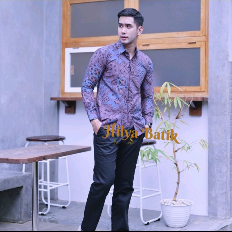 JAGADMUDA UNGU LILAC Atasan Kemeja Batik Pria Lengan Panjang Furing Halus Slim Fit Modern Katun Printing