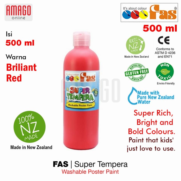 Fas Super Tempera Washable Poster Paint Paints 500 ml Cat Air Anak New Zealand - Brilliant Red