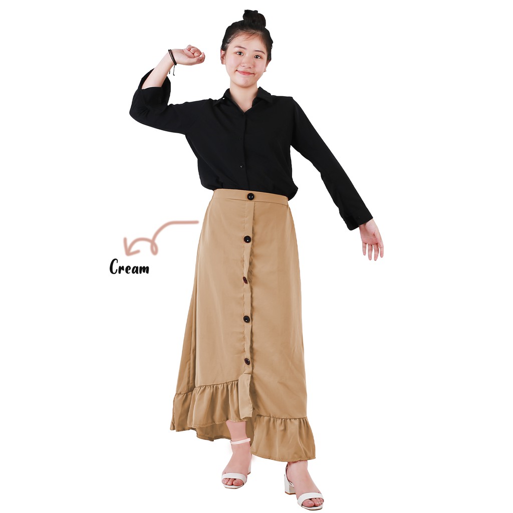 Rok Ruffle PANJANG Rample Korea Rok Kancing Button Skrit Pinggang Karet - YELONIX-CREAM