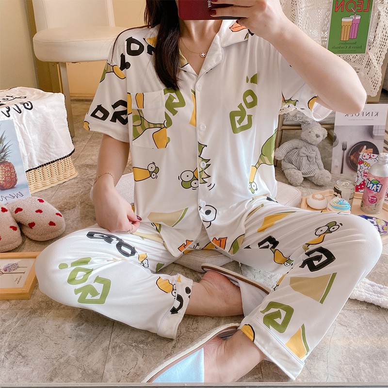 BAJU TIDUR PIYAMA SET KEMEJA CP LENGAN PENDEK CELANA PANJANG IMPORT PREMIUM BANYAK MOTIF 3-BurungHijau