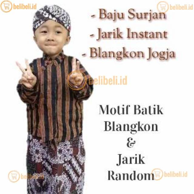 Setelan Baju Surjan Lurik Jarik Wiru Anak + Blangkon Jogja Putihan