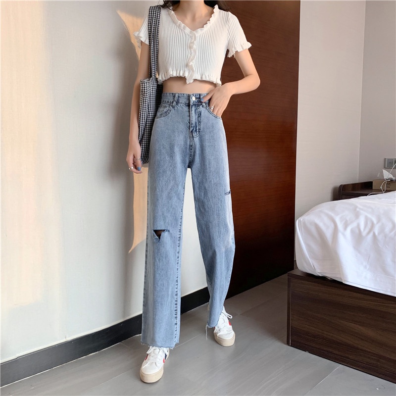 Celana Jeans Wanita Ripped Jeans Sobek Korean Highwaist Straight Jeans