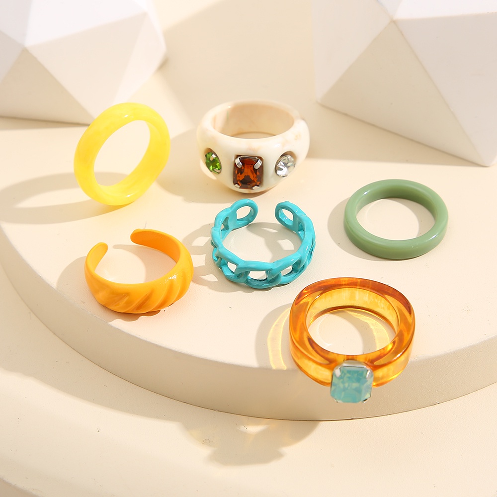 6pcs / Set Cincin Bahan Resin Warna-Warni Dapat Disesuaikan Untuk Wanita