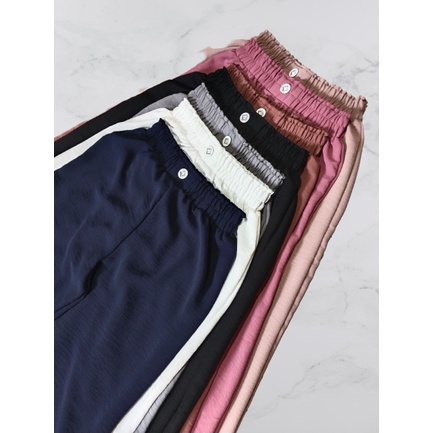 kulot pants highwaist full karet pinggang variasi kancing crinkle premium airflow