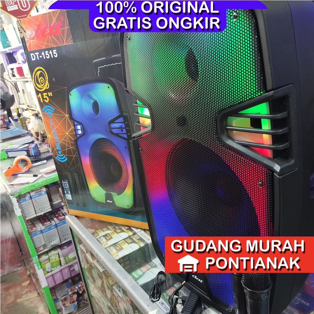 Speaker Bluethoot DAT 15&quot; PENUH WARNA LED BERGERAK Bonus 2 Mic Wireless ukuran 15inch Troly DT 1515 COLOR FULL