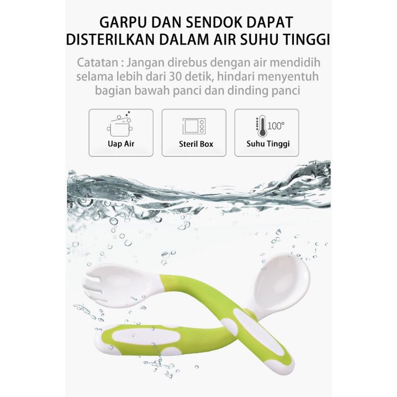 Set baby spoon Sendok + garpu bayi free box bisa melengkung flexible spoon