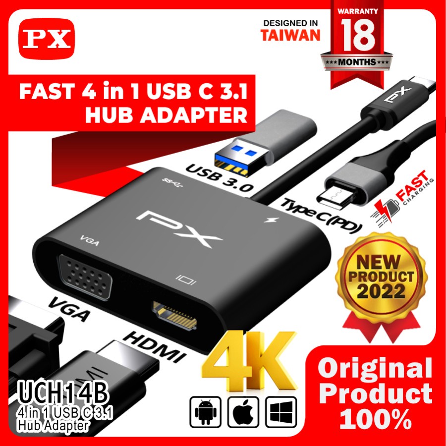 PX UCH14B USB Type C 3.1 Hub Converter Adapter to HDMI VGA USB 4 in 1 PX UCH14B