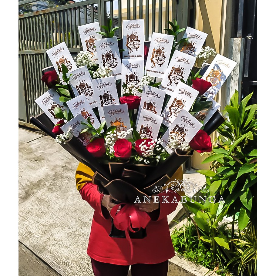 Buket Bunga Amplop Uang Angpao Duit Lebaran Hadiah Hari Raya Kado Idul Fitri Money Flower Bucket New