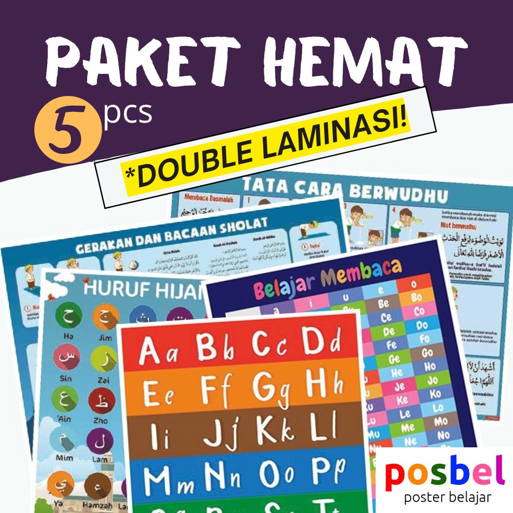 Paket Poster Huruf Alphabet Hijaiyah Belajar Membaca Cara Wudhu Sholat Anak Double Laminasi 5pcs
