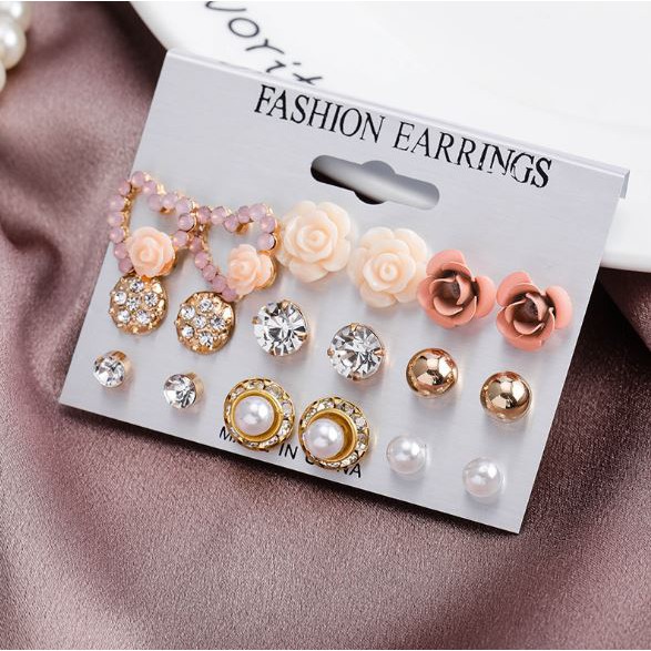 Anting Tusuk Mutiara Set Isi 9 Pasang Model Bentuk Bulat  Hati  Bunga Gaya Korea untuk Wanita