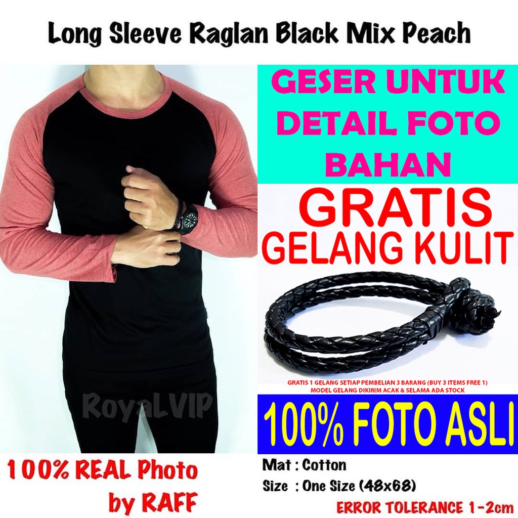 Kaos Raglan Lengan Panjang Hitam Peach ROYALVIP PRIA COWOK BAGUS MURAH PREMIUM IMPORT PROMO GRATIS