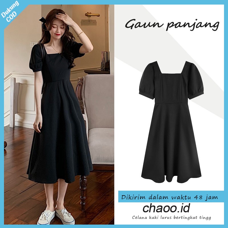 [chaoo.id ]korean style dres gaundress wanita long dress  panjang hitam kasual  wanita  retro gamis hitam