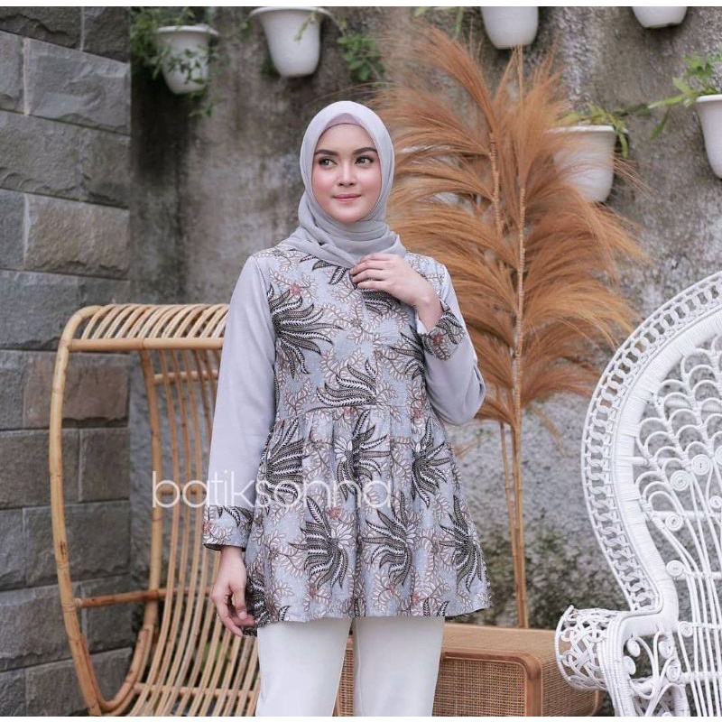 tey-17 Batik wanita ASJ SA HRB026 Kenongo Kemeja Tosca Pendek-PISANG ABU