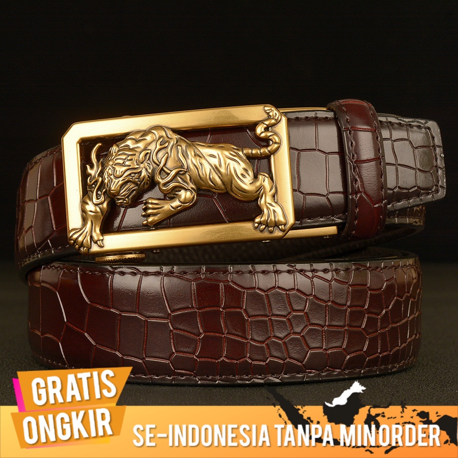 Sabuk Gesper Fashion Pria Tiger Kasual Buaya Pola Belt Nyata Kulit Sapi Cahaya Celana Ikat Pinggang 