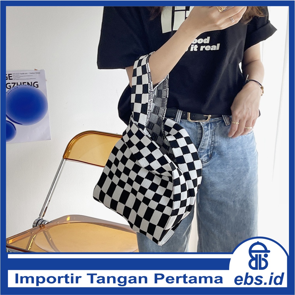 𝗘𝗕𝗦 ✅ TW010 Tas Knitted Checkered Tote Bag Tas Rajut Kotak Kotak Totebag Buffollow Viral Bangkok