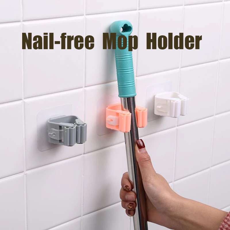 [Wall Mounted Mop Organizer Holder ][Bathroom Self Adhesive Wall Sticker Floor Mop Clip ][Nail-Free Space Saving Mop Storage Rack][ Multifunctional Organizer Shelf]