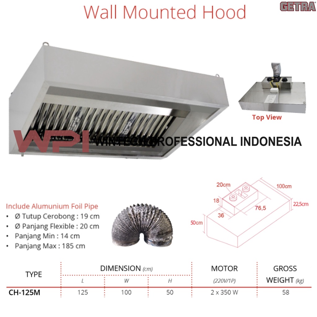 Getra CH-125M Wall Mouted Hood Alat Pengisap Asap Dapur Saat Memasak - Cooker Hood - Tudung Hisap - 