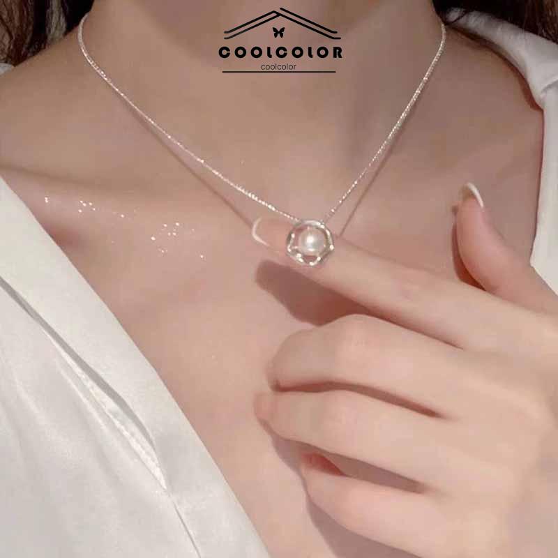 COD❤️Kalung Rantai Liontin Bunga Mawar Hollow Hias Mutiara Imitasi Mewah Untuk Wanita