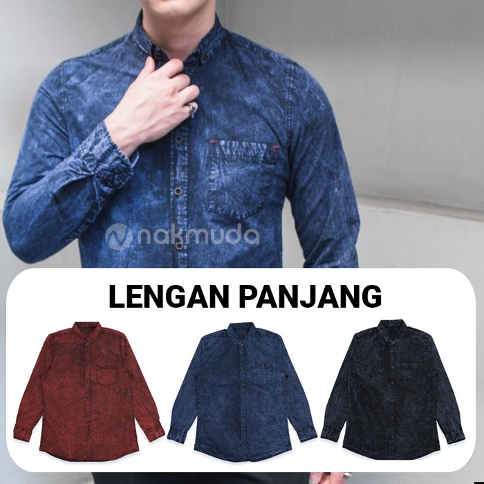 Kemeja Pria Motif Jeans Denim Lengan Panjang Pendek Levis Baju Casual Slimfit Distro Kasual