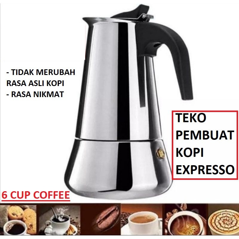 EXPRESSO MAKER MOKA POT STAINLESS 6 CUP 300ML COFFEE KOPI CERET TEKO