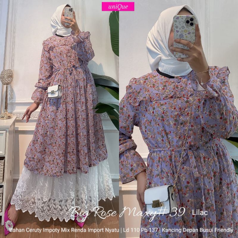 Maxy Dress, Gamis Rose Jumbo Ceruty babydoll mix renda menyatu, LD 120 PJ 137, Kancing depan Busui F